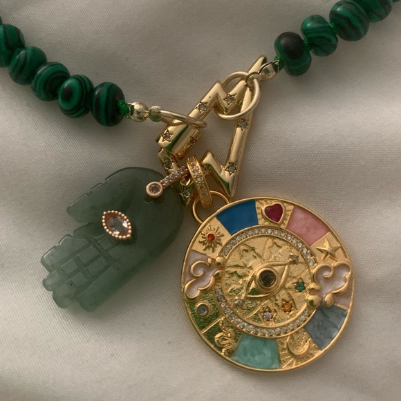 marla aaron Jewelry - Marla Aaron Inspo Malachite Rondelle Strand w/ Hand Charm Zodiac Medallion NWT!